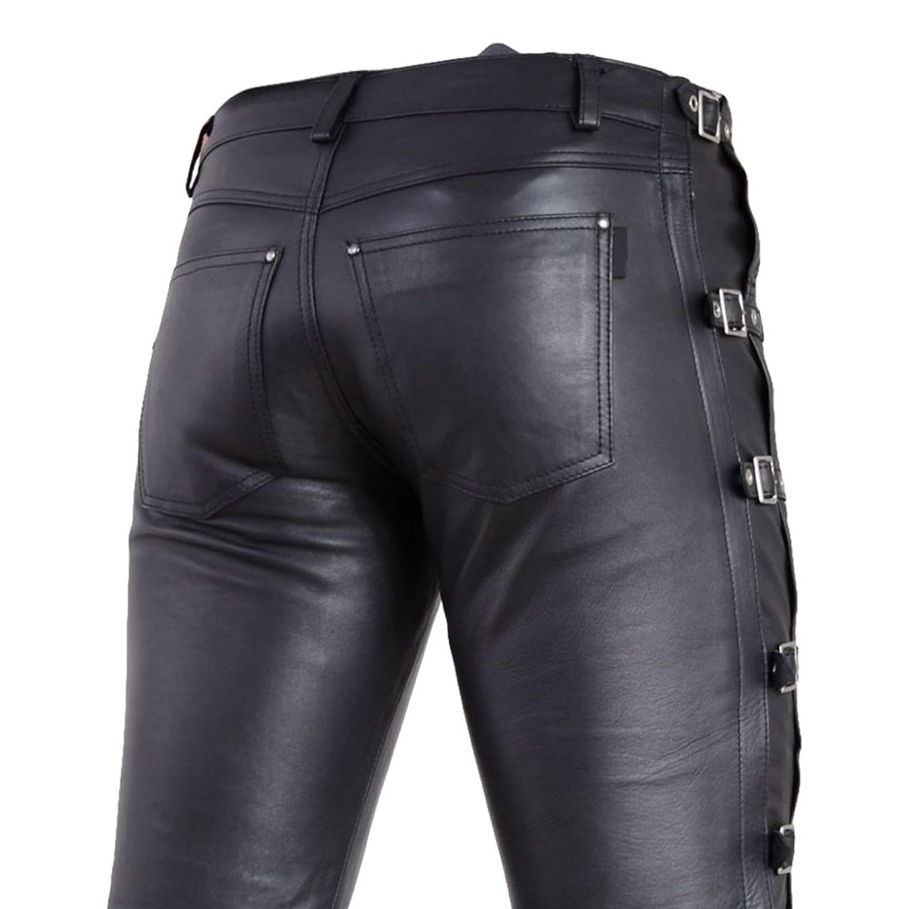 Edgy Black Leather Buckle Pants - Picture 4 of 7